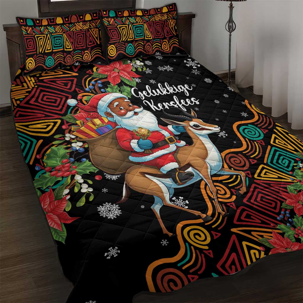 South Africa Gelukkige Kersfees Quilt Bed Set Black Santa Claus Riding Springbok