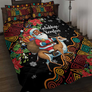 South Africa Gelukkige Kersfees Quilt Bed Set Black Santa Claus Riding Springbok