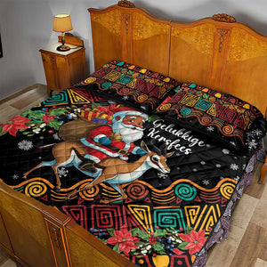 South Africa Gelukkige Kersfees Quilt Bed Set Black Santa Claus Riding Springbok