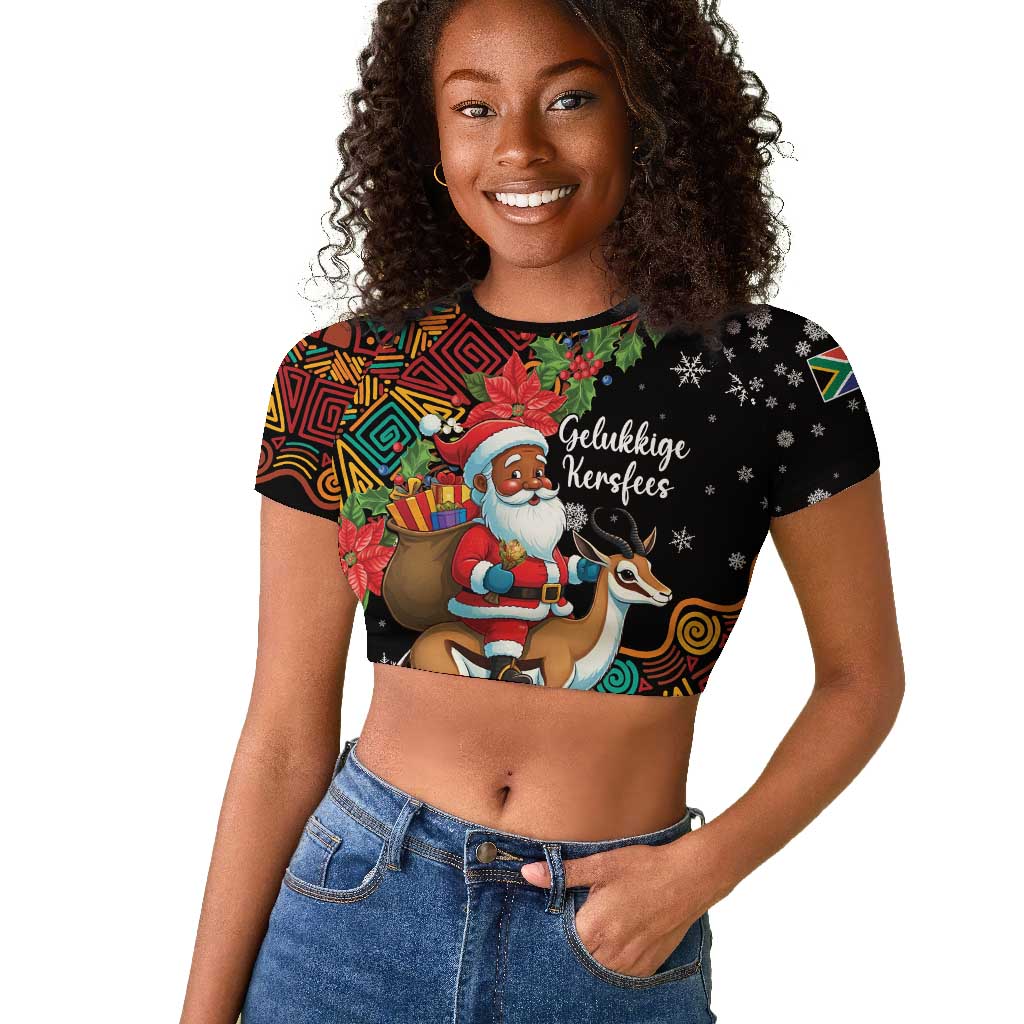 South Africa Gelukkige Kersfees Raglan Cropped T shirt Black Santa Claus Riding Springbok