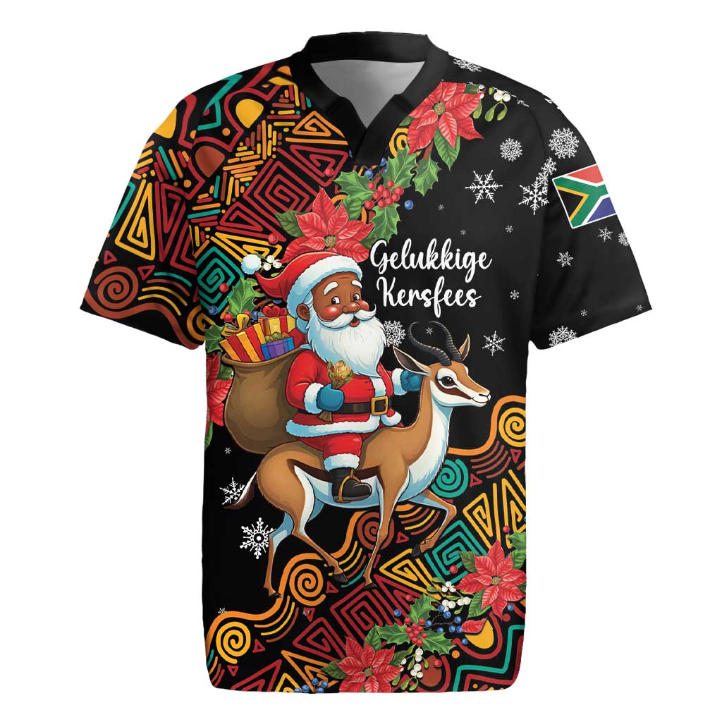 South Africa Gelukkige Kersfees Rugby Jersey Black Santa Claus Riding Springbok