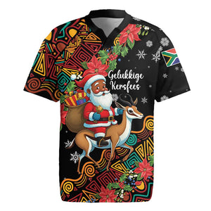 South Africa Gelukkige Kersfees Rugby Jersey Black Santa Claus Riding Springbok