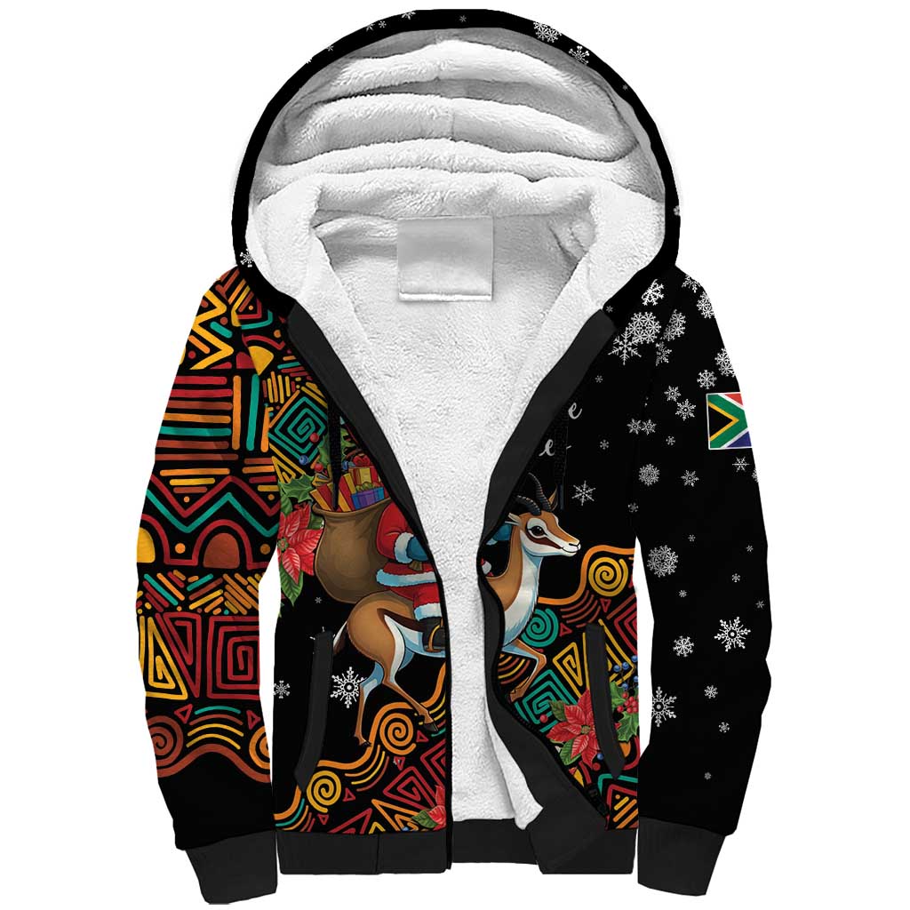 South Africa Gelukkige Kersfees Sherpa Hoodie Black Santa Claus Riding Springbok