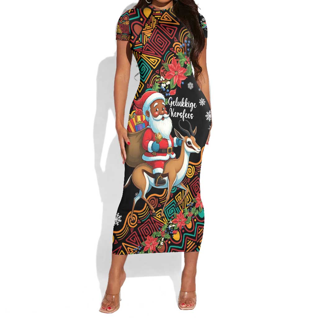 South Africa Gelukkige Kersfees Short Sleeve Bodycon Dress Black Santa Claus Riding Springbok