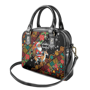 South Africa Gelukkige Kersfees Shoulder Handbag Black Santa Claus Riding Springbok