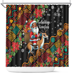 South Africa Gelukkige Kersfees Shower Curtain Black Santa Claus Riding Springbok