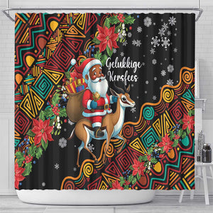 South Africa Gelukkige Kersfees Shower Curtain Black Santa Claus Riding Springbok