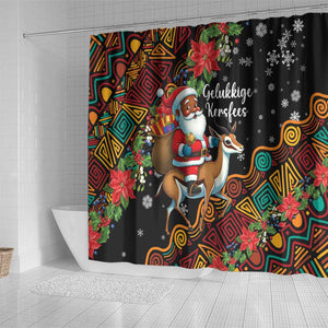 South Africa Gelukkige Kersfees Shower Curtain Black Santa Claus Riding Springbok