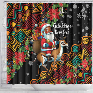 South Africa Gelukkige Kersfees Shower Curtain Black Santa Claus Riding Springbok