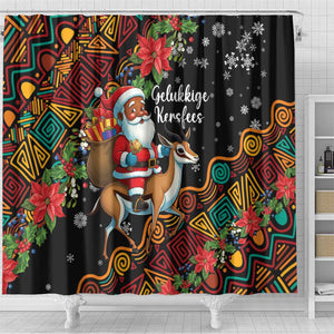 South Africa Gelukkige Kersfees Shower Curtain Black Santa Claus Riding Springbok