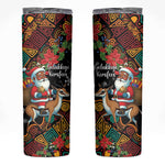 South Africa Gelukkige Kersfees Skinny Tumbler Black Santa Claus Riding Springbok