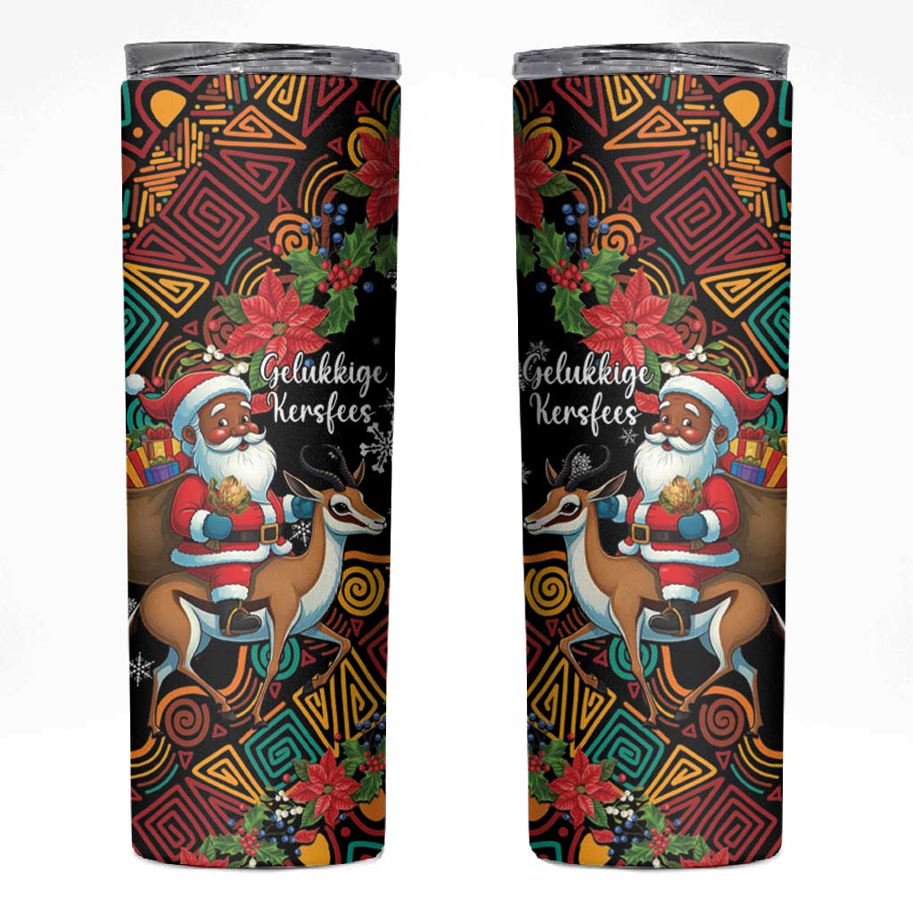 South Africa Gelukkige Kersfees Skinny Tumbler Black Santa Claus Riding Springbok