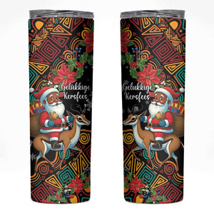 South Africa Gelukkige Kersfees Skinny Tumbler Black Santa Claus Riding Springbok