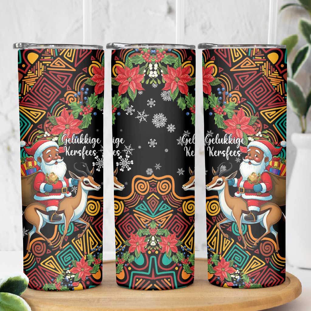 South Africa Gelukkige Kersfees Skinny Tumbler Black Santa Claus Riding Springbok