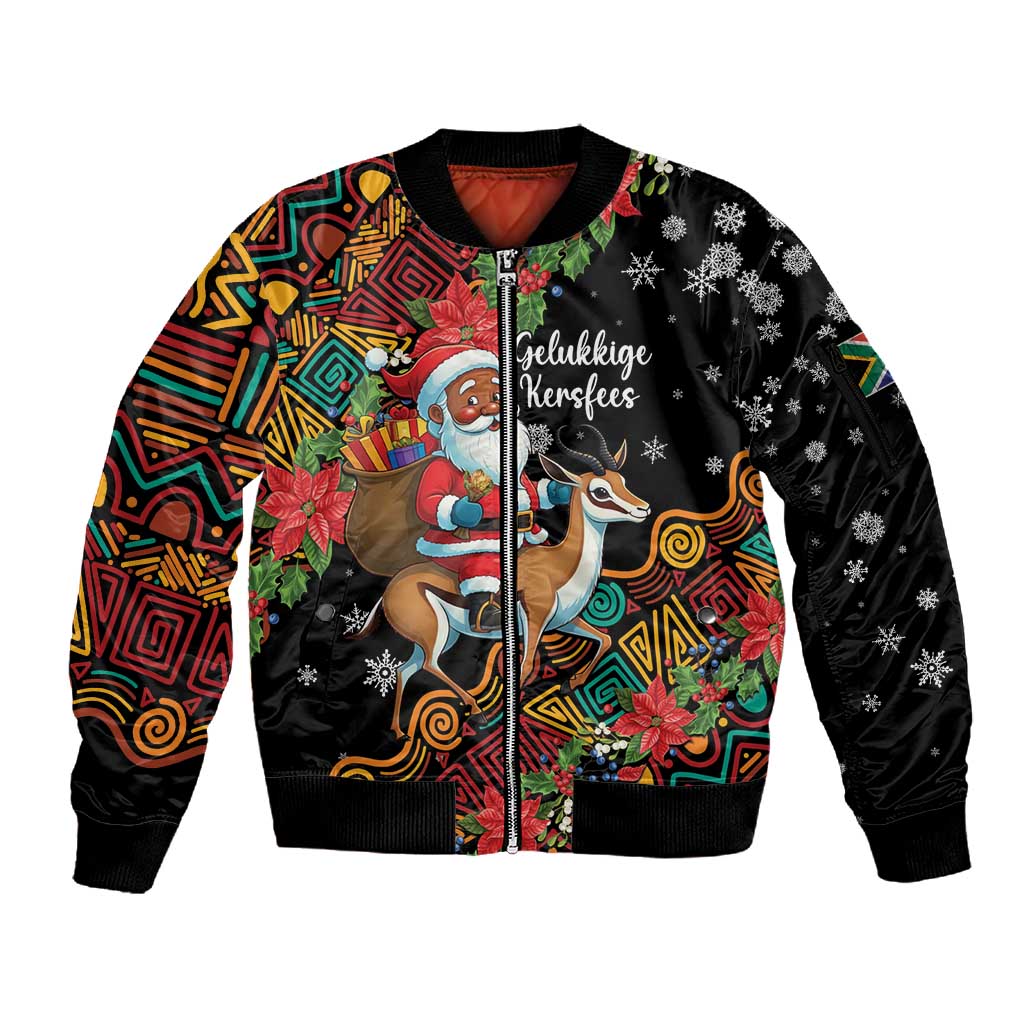 South Africa Gelukkige Kersfees Sleeve Zip Bomber Jacket Black Santa Claus Riding Springbok