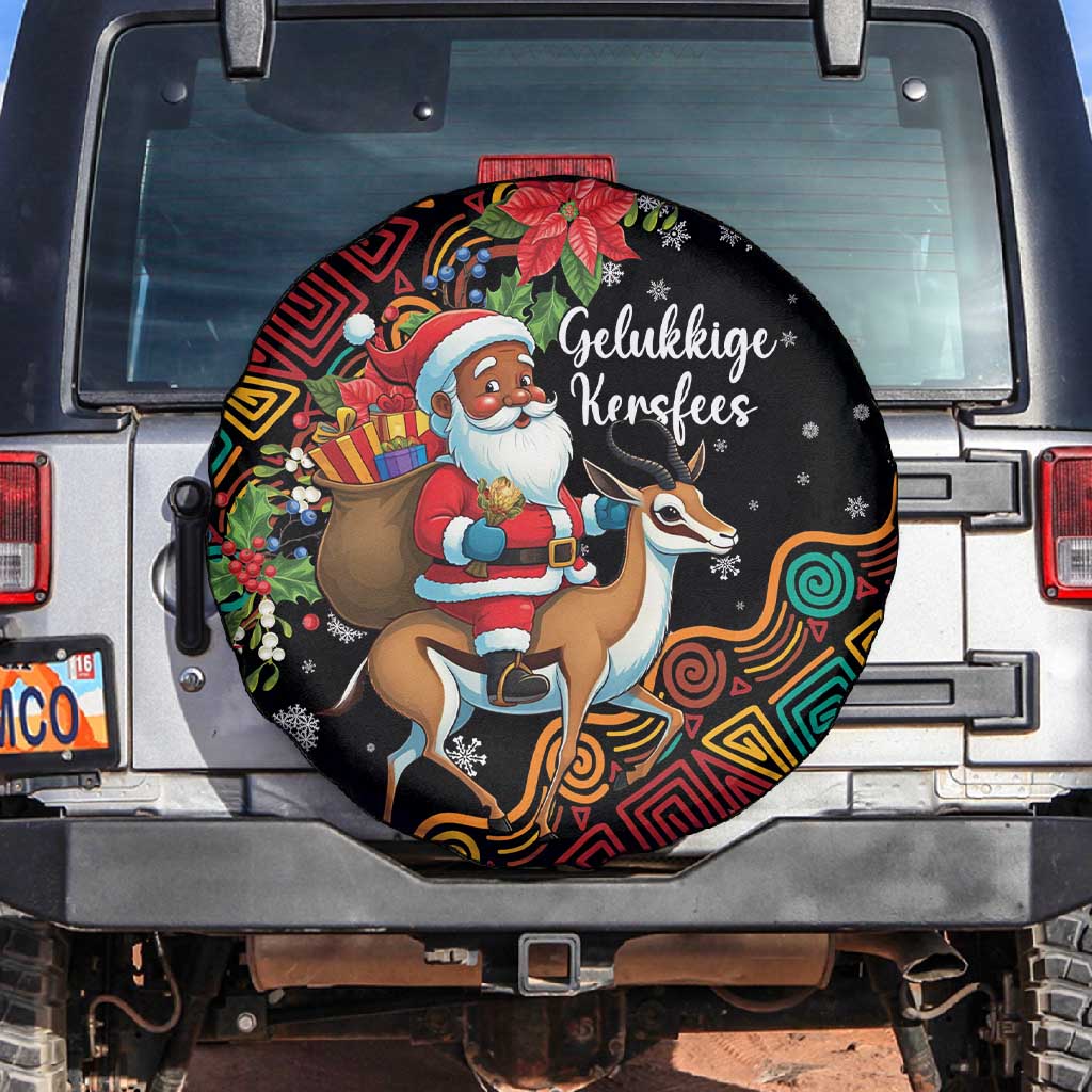 South Africa Gelukkige Kersfees Spare Tire Cover Black Santa Claus Riding Springbok