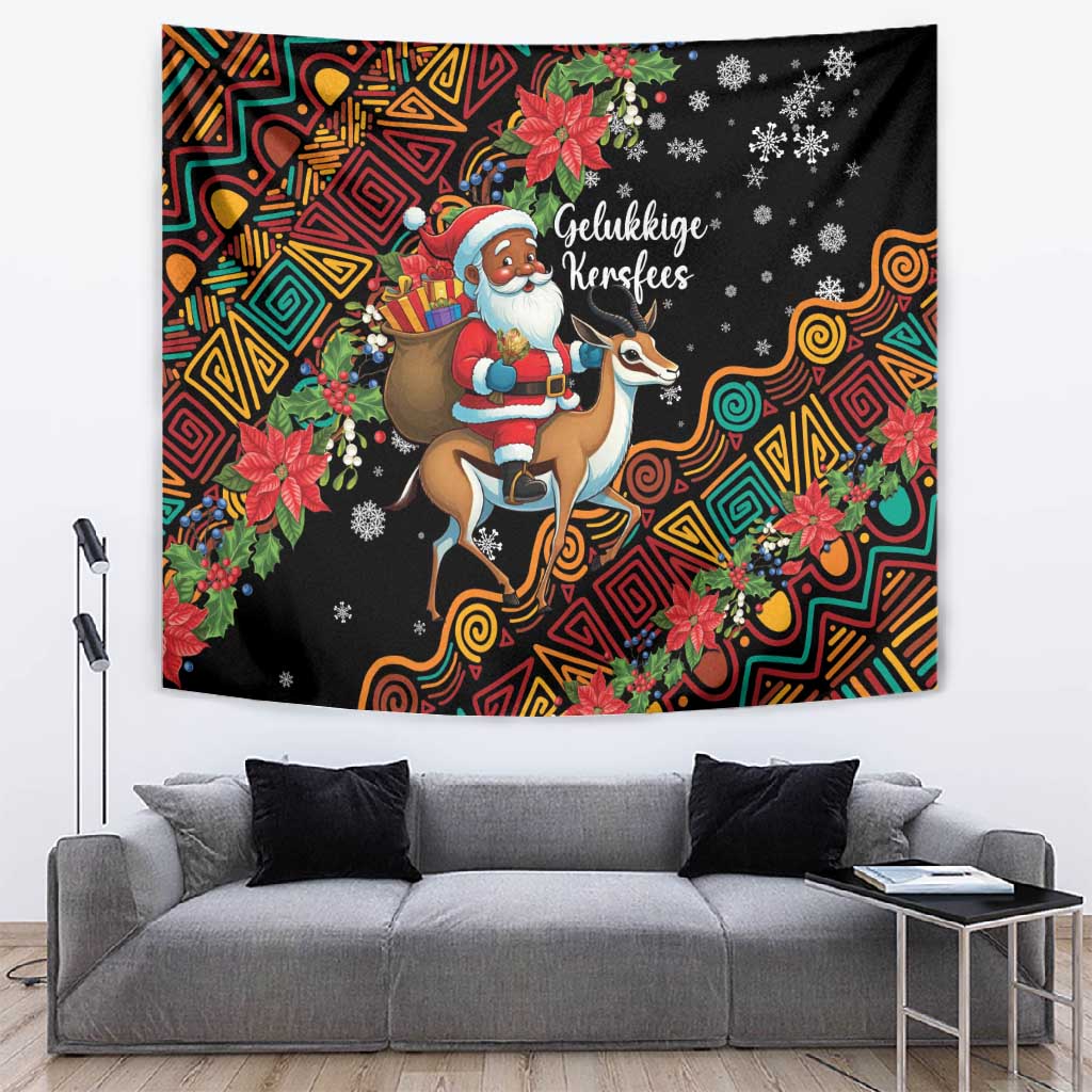 South Africa Gelukkige Kersfees Tapestry Black Santa Claus Riding Springbok