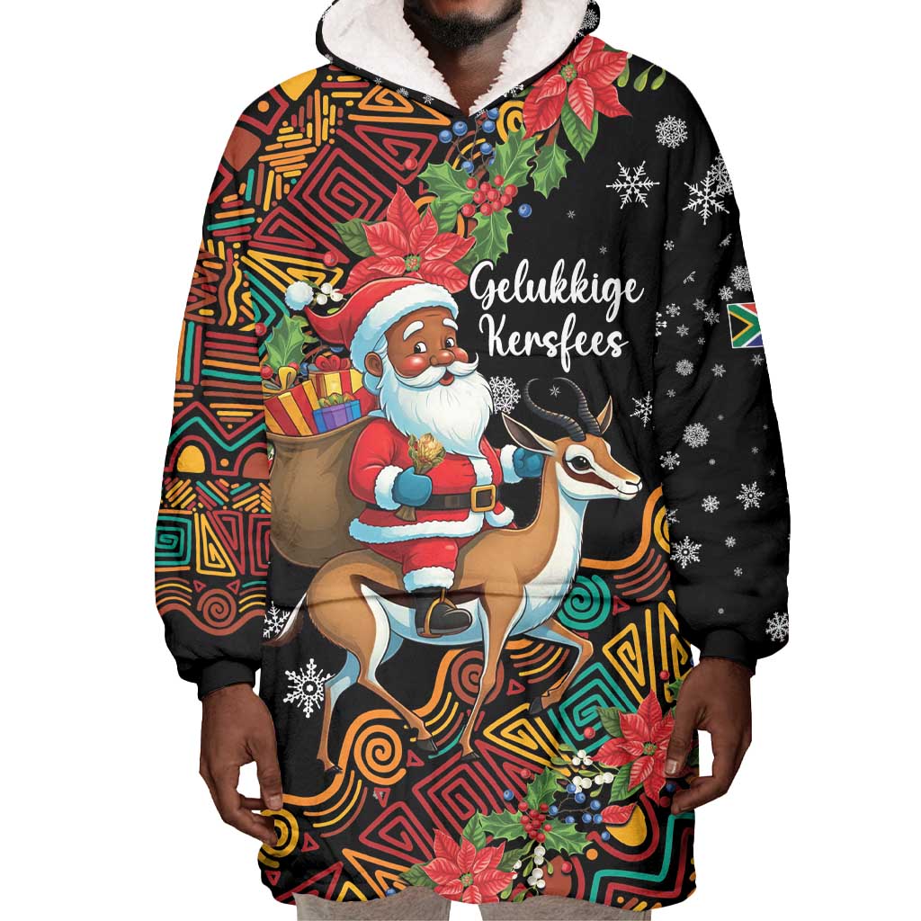 South Africa Gelukkige Kersfees Wearable Blanket Hoodie Black Santa Claus Riding Springbok