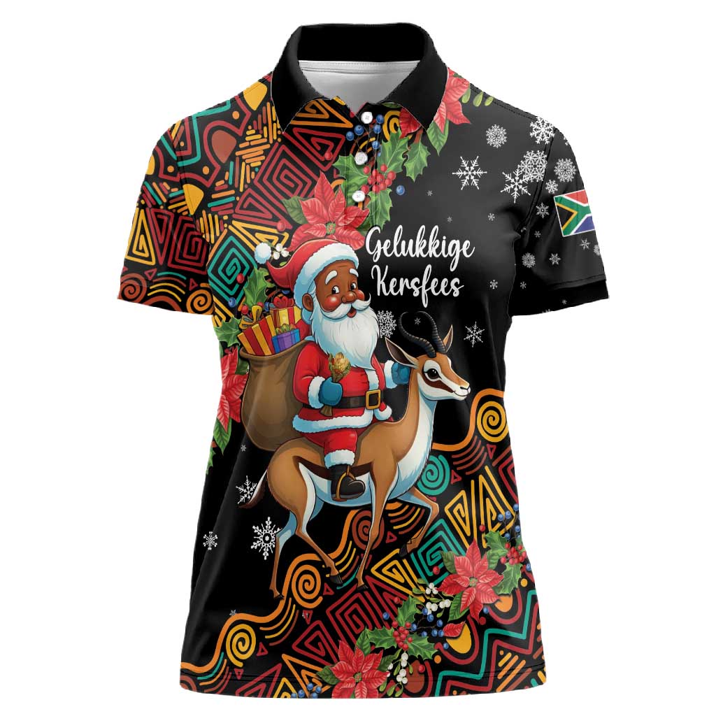 South Africa Gelukkige Kersfees Women Polo Shirt Black Santa Claus Riding Springbok