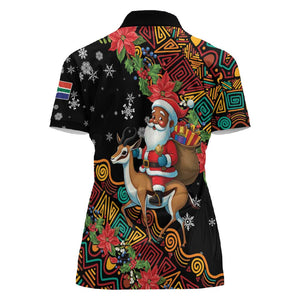 South Africa Gelukkige Kersfees Women Polo Shirt Black Santa Claus Riding Springbok