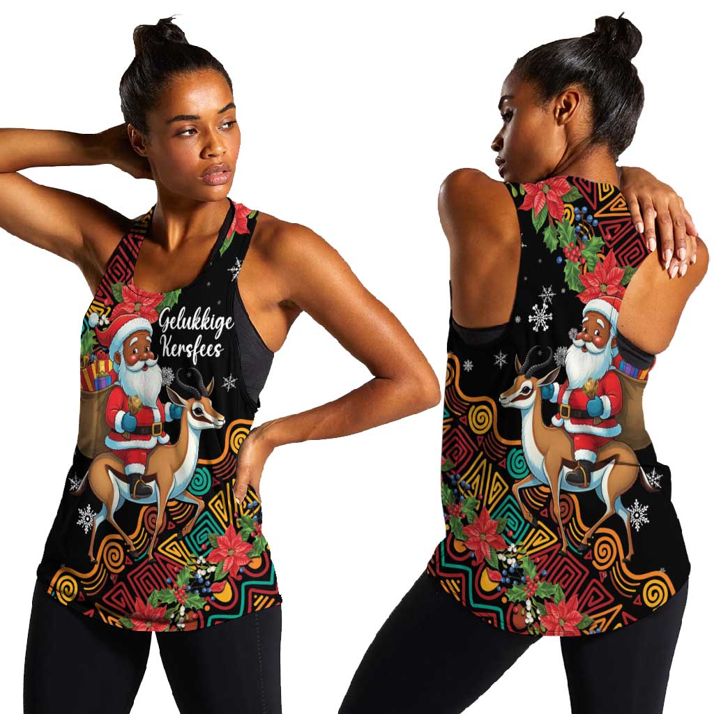 South Africa Gelukkige Kersfees Women Racerback Tank Black Santa Claus Riding Springbok