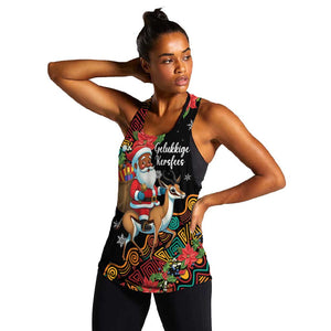 South Africa Gelukkige Kersfees Women Racerback Tank Black Santa Claus Riding Springbok