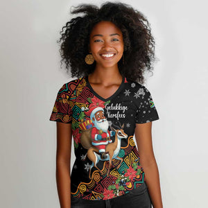 South Africa Gelukkige Kersfees Women V-Neck T-Shirt Black Santa Claus Riding Springbok