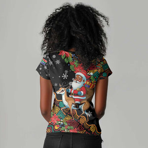 South Africa Gelukkige Kersfees Women V-Neck T-Shirt Black Santa Claus Riding Springbok