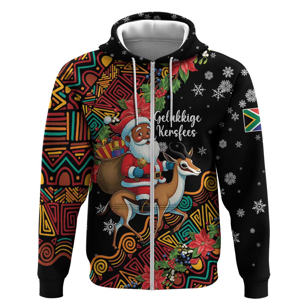 South Africa Gelukkige Kersfees Zip Hoodie Black Santa Claus Riding Springbok