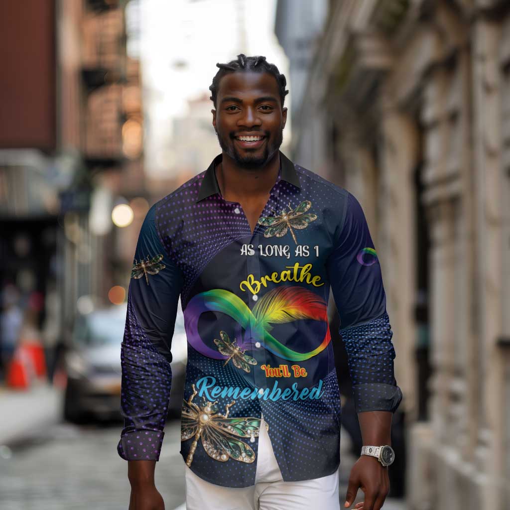 Personalized As Long As I Breathe You'll Be Remembered Long Sleeve Button Shirt Luxury Dragonfly - Feather Infinity