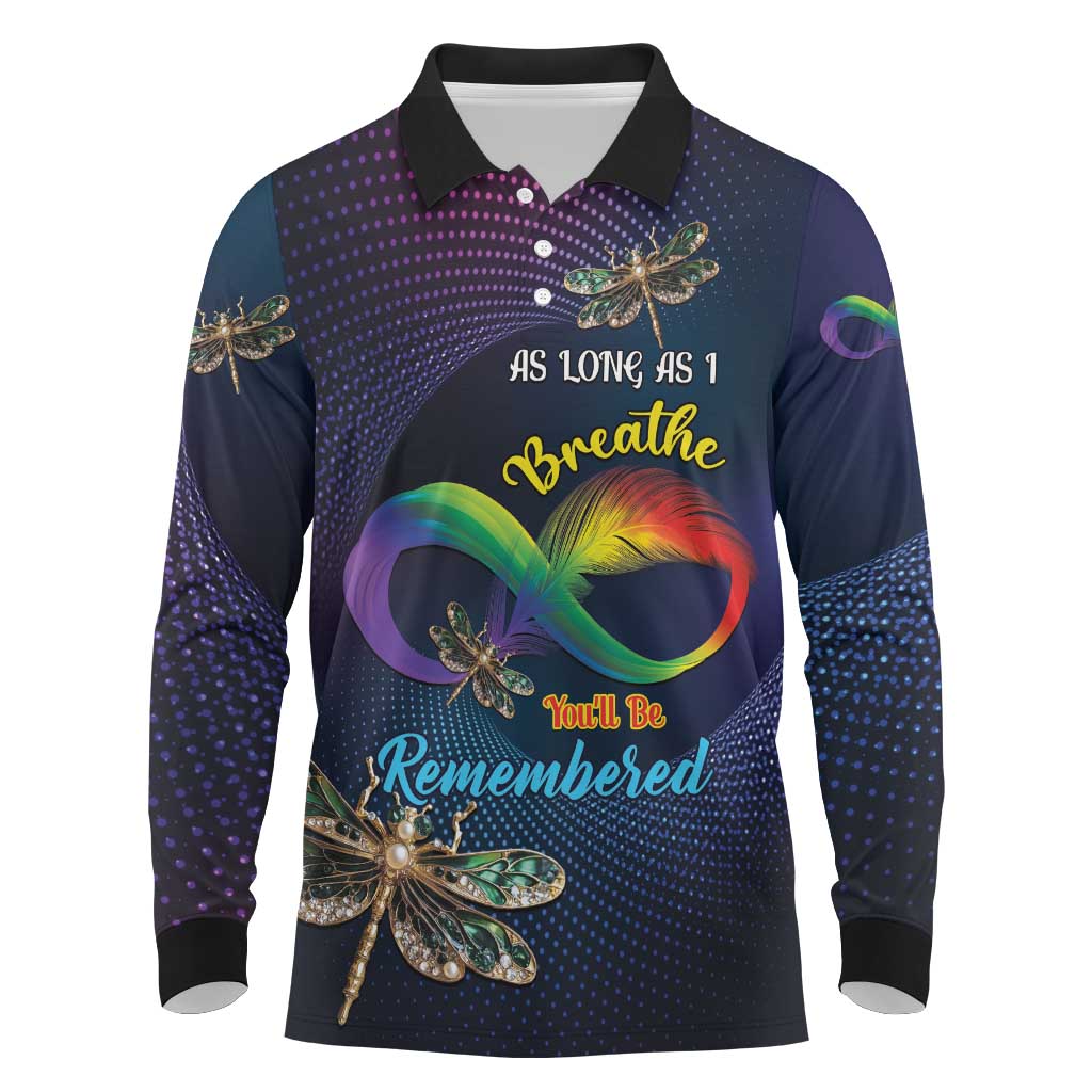 Personalized As Long As I Breathe You'll Be Remembered Long Sleeve Polo Shirt Luxury Dragonfly - Feather Infinity