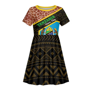 Tanzania Union Day 2024 Kid Short Sleeve Dress Uhuru na Umoja Giraffe Pattern