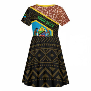 Tanzania Union Day 2024 Kid Short Sleeve Dress Uhuru na Umoja Giraffe Pattern