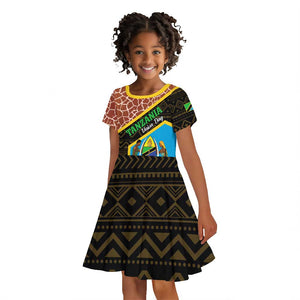 Tanzania Union Day 2024 Kid Short Sleeve Dress Uhuru na Umoja Giraffe Pattern