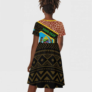 Tanzania Union Day 2024 Kid Short Sleeve Dress Uhuru na Umoja Giraffe Pattern