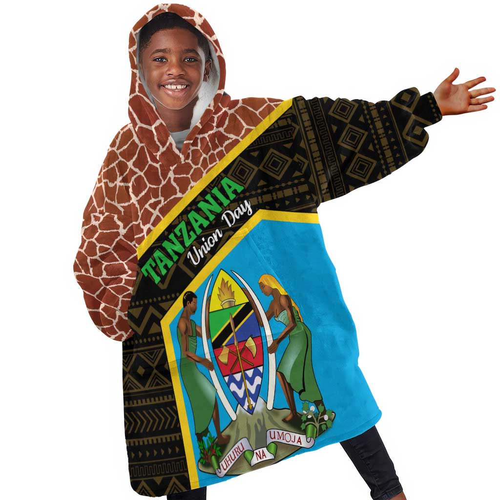 Tanzania Union Day 2024 KId Wearable Blanket Hoodie Uhuru na Umoja Giraffe Pattern