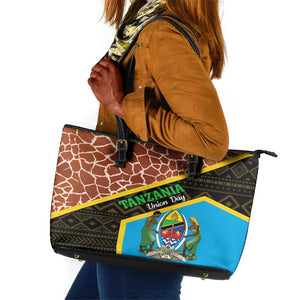 Tanzania Union Day 2024 Leather Tote Bag Uhuru na Umoja Giraffe Pattern