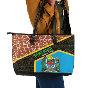 Tanzania Union Day 2024 Leather Tote Bag Uhuru na Umoja Giraffe Pattern