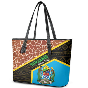 Tanzania Union Day 2024 Leather Tote Bag Uhuru na Umoja Giraffe Pattern