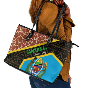 Tanzania Union Day 2024 Leather Tote Bag Uhuru na Umoja Giraffe Pattern