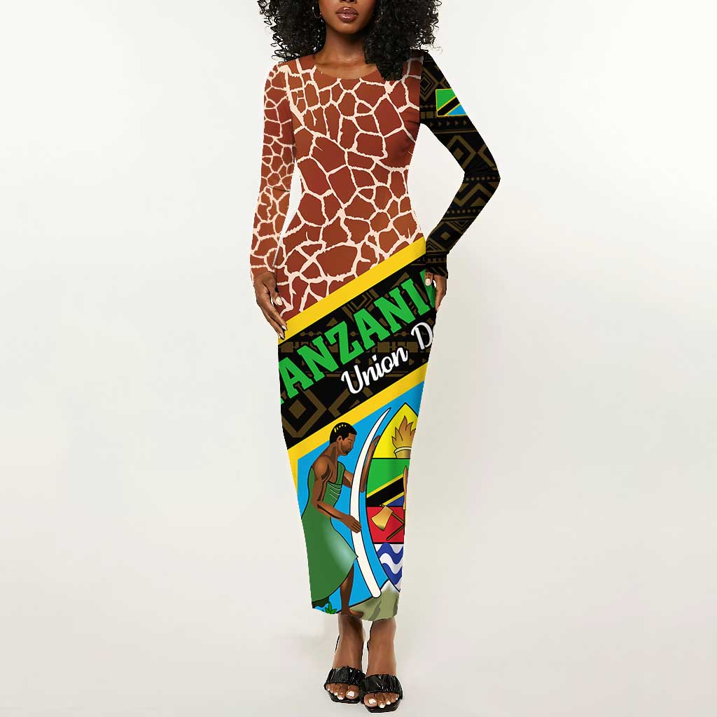 Tanzania Union Day 2024 Long Sleeve Bodycon Dress Uhuru na Umoja Giraffe Pattern