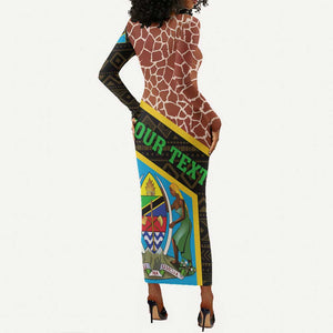 Tanzania Union Day 2024 Long Sleeve Bodycon Dress Uhuru na Umoja Giraffe Pattern