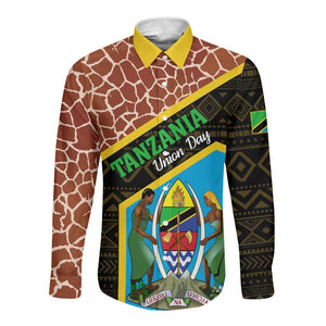 Tanzania Union Day 2024 Long Sleeve Button Shirt Uhuru na Umoja Giraffe Pattern