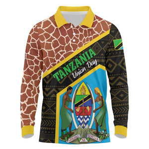 Tanzania Union Day 2024 Long Sleeve Polo Shirt Uhuru na Umoja Giraffe Pattern