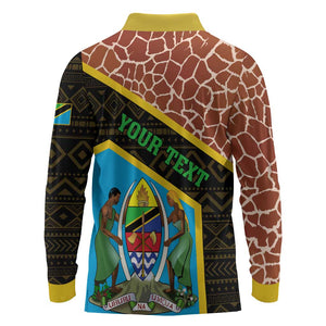 Tanzania Union Day 2024 Long Sleeve Polo Shirt Uhuru na Umoja Giraffe Pattern