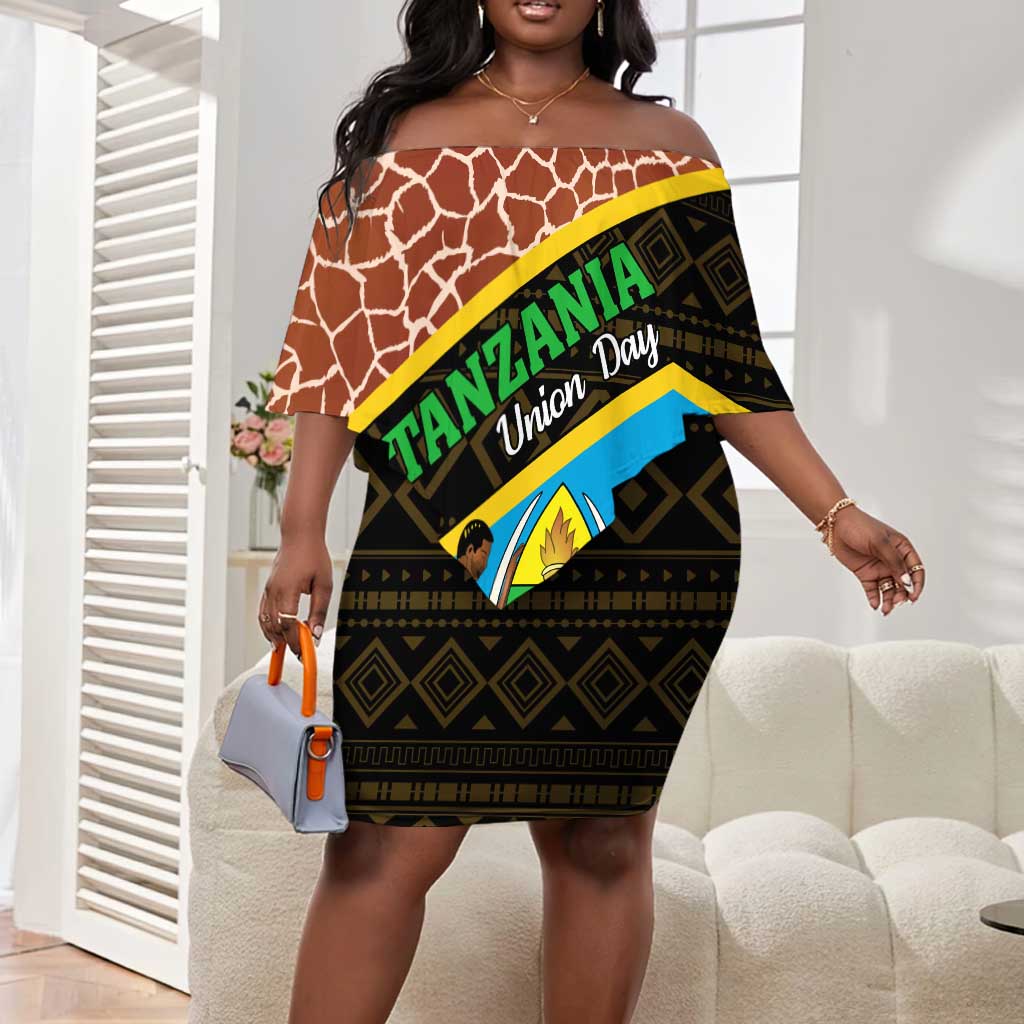 Tanzania Union Day 2024 Off Shoulder Short Dress Uhuru na Umoja Giraffe Pattern LT01