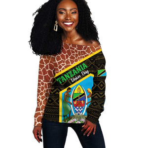 Tanzania Union Day 2024 Off Shoulder Sweater Uhuru na Umoja Giraffe Pattern