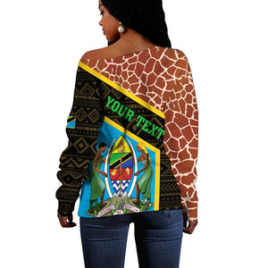 Tanzania Union Day 2024 Off Shoulder Sweater Uhuru na Umoja Giraffe Pattern