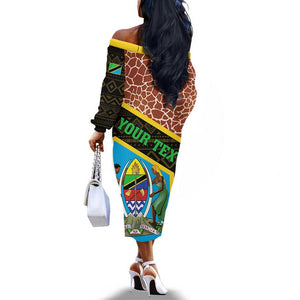 Tanzania Union Day 2024 Off The Shoulder Long Sleeve Dress Uhuru na Umoja Giraffe Pattern