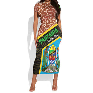 Tanzania Union Day 2024 Short Sleeve Bodycon Dress Uhuru na Umoja Giraffe Pattern